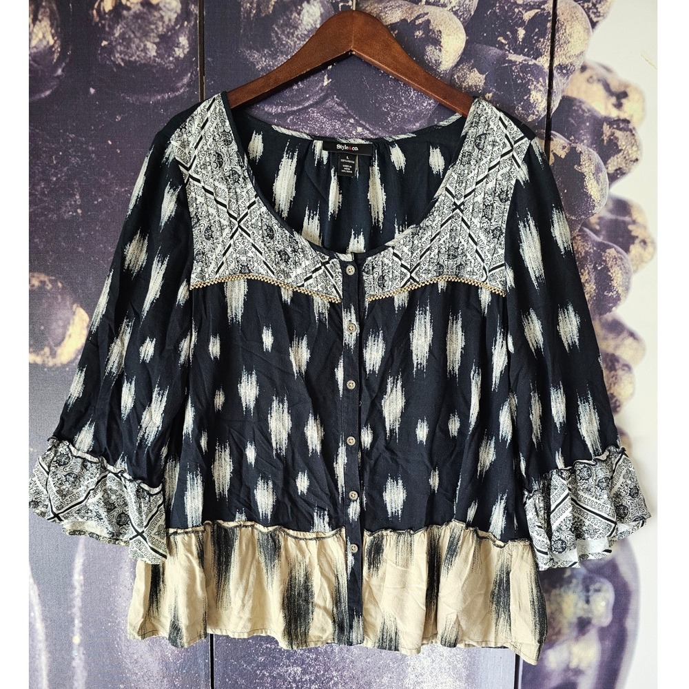 Style & Co Womens Ikat Print Button Front Boho Blouse 3/4 Sleeve L - Picture 5 of 8